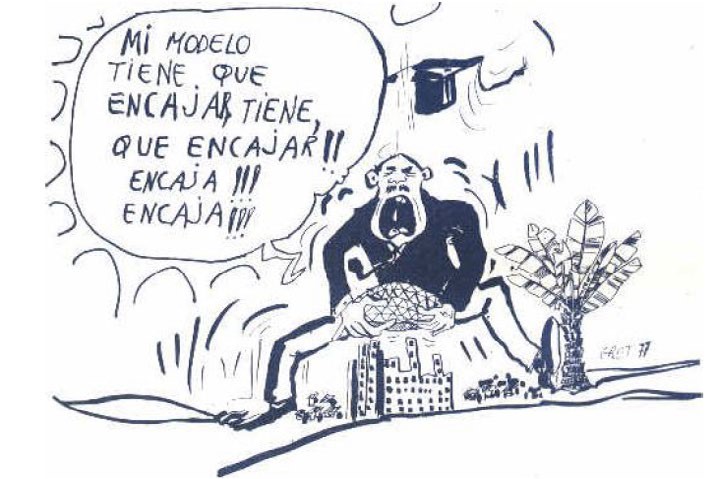 La caricatura muestra a un hombre poderoso y de tamaño gigante intentando hacer encajar algo en una ciudad, mientras grita: mi modelo tiene que encajar