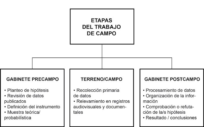 El gráfico representa las 3 etapas del trabajo de campo: gabinete precampo, terreno/campo y gabinete poscampo