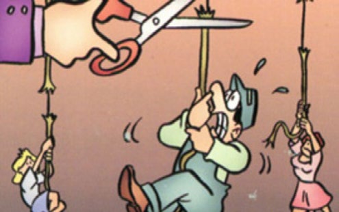 La ilustración representa a los trabajadores en una situación vulnerable, en el aire y sujetado a sogas que están a punto de cortarse. 