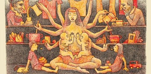 La imagen muestra una mujer con ocho brazos, cada uno dedicado a una actividad doméstica diferente, para dar la idea de los múltiples y simultáneos roles que desempeña la mujer en las tareas de cuidado.